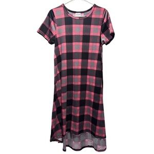 LulaRoe Carly Swing Dress Patch Pocket High Low Hemline Plaid Pink Grey Checked